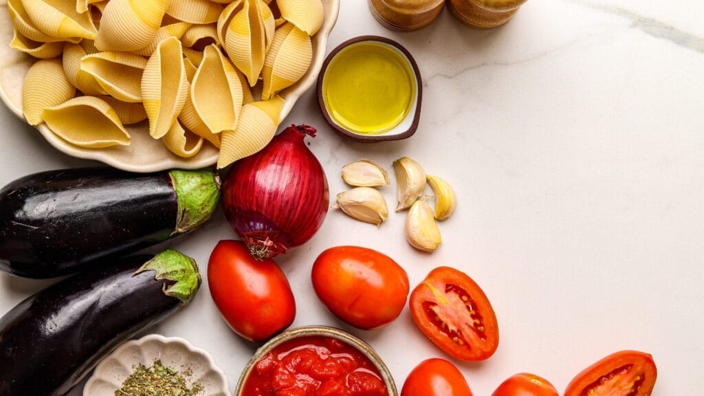 ingredients for roasted eggplant and tomato pasta