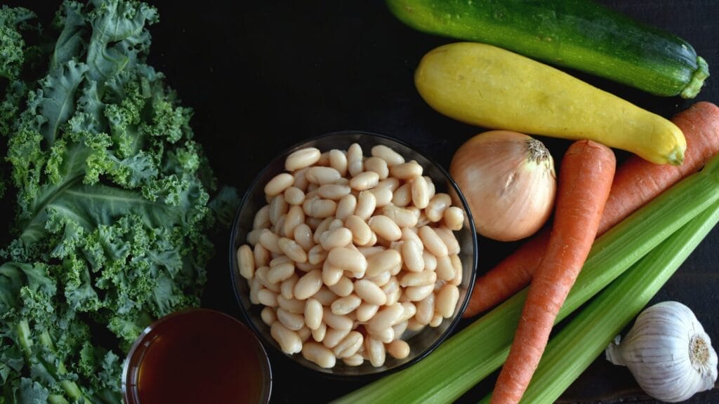 ingredients for kale and white bean soup 