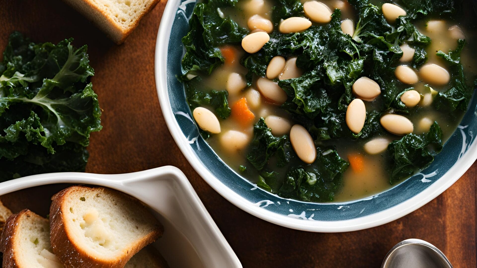 kale and white soup served with bread