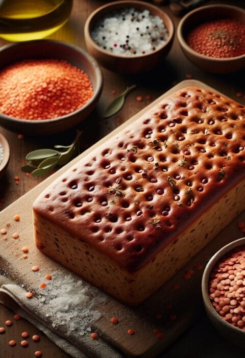 red lentil bread on cutting board with ingredients around it