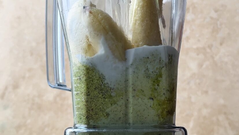 ground pistachios, maple syrup, coconut milk and frozen bananas in a blender