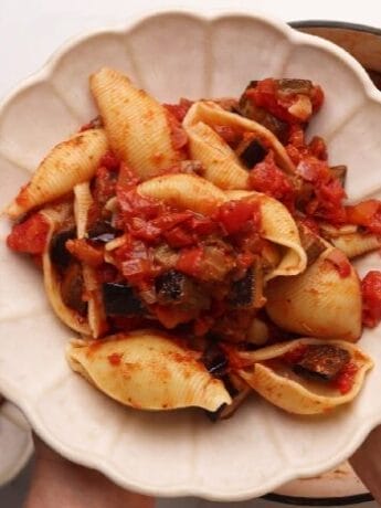 roasted-eggplant-and-tomato-pasta-in-a-pot-and-served-on-a-plate