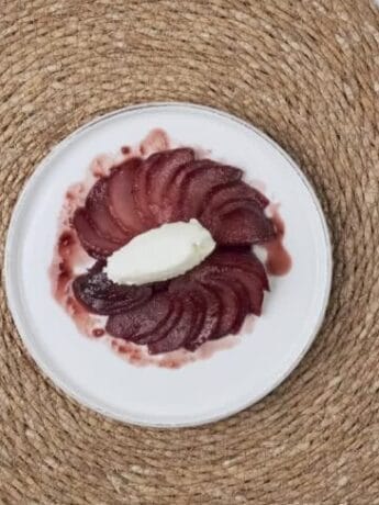 Poached Pear in Red Wine plated