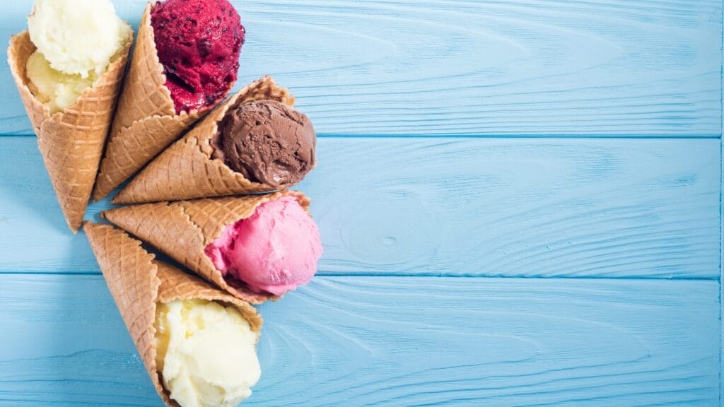 different ice creams in waffle cones