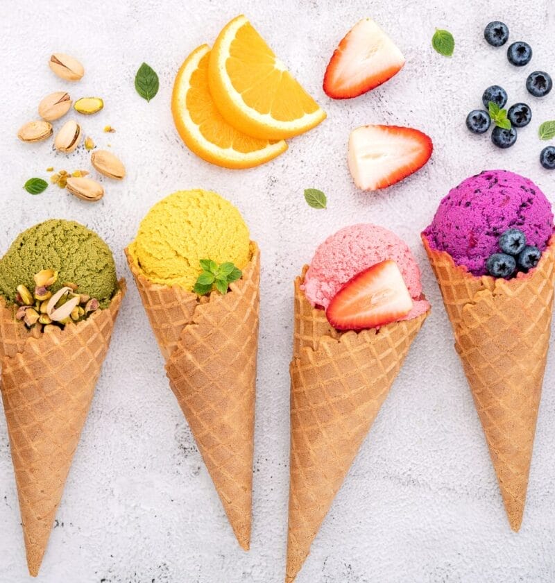 variety of ice creams in cones