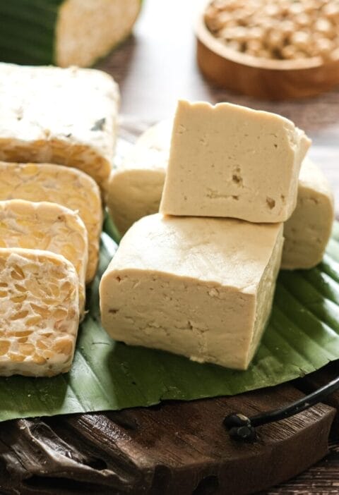 tempeh vs tofu on a serving board