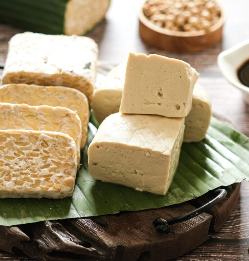 tempeh vs tofu on a serving board