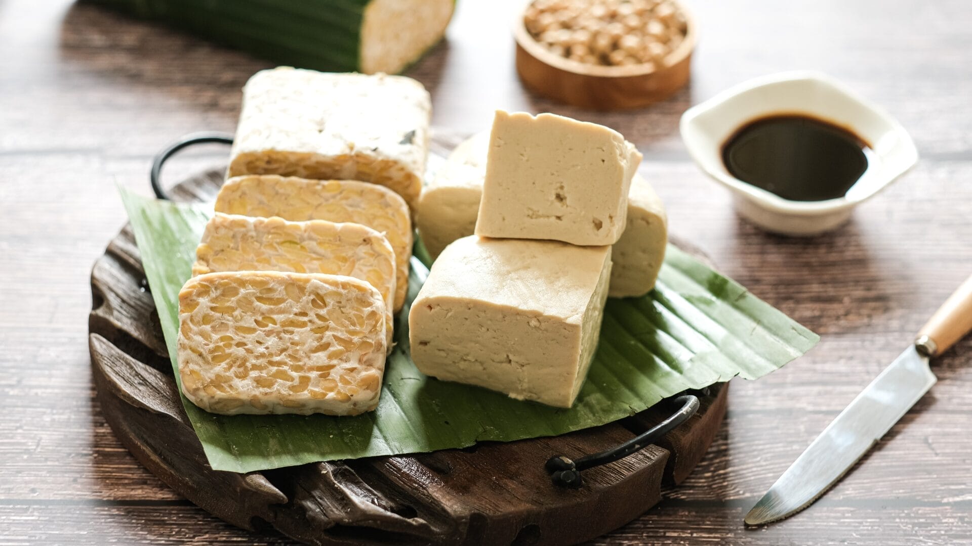 tempeh vs tofu on a serving board