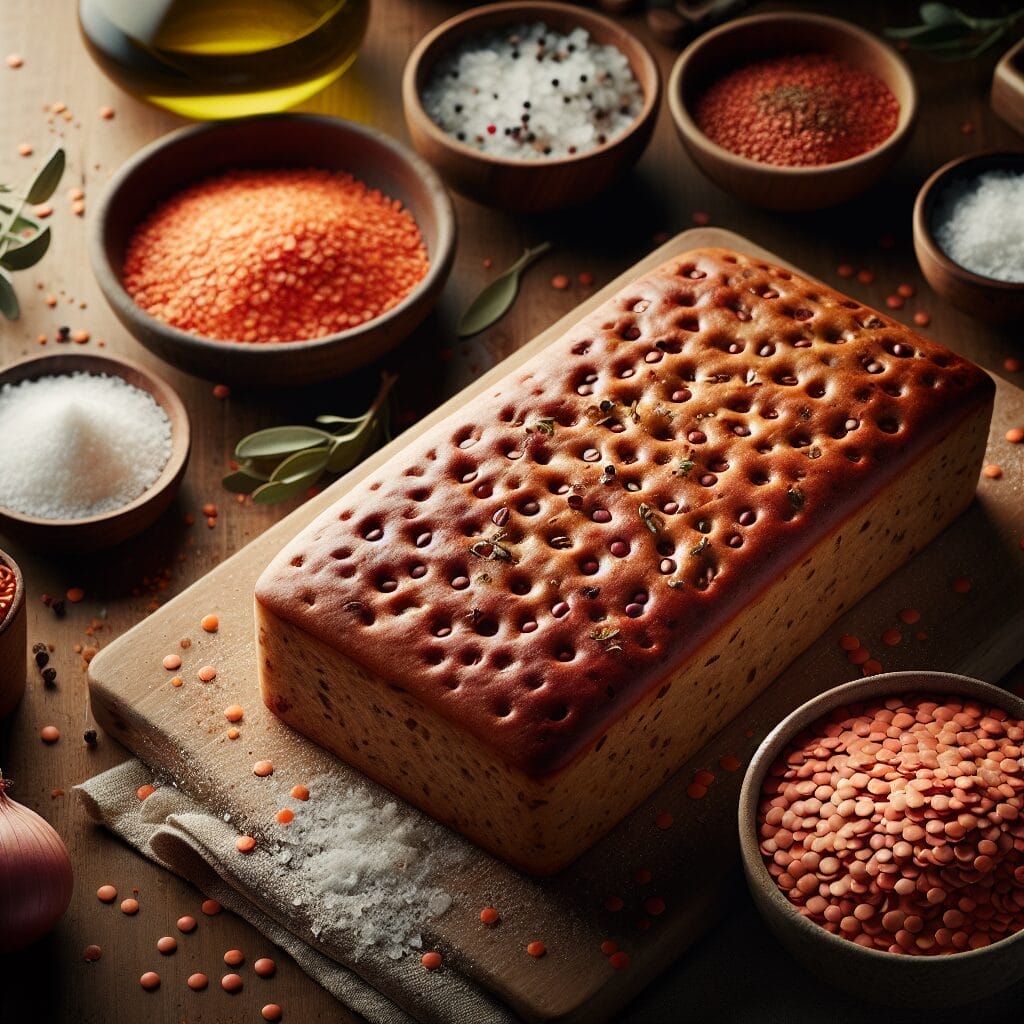 red lentil bread on cutting board with ingredients around it